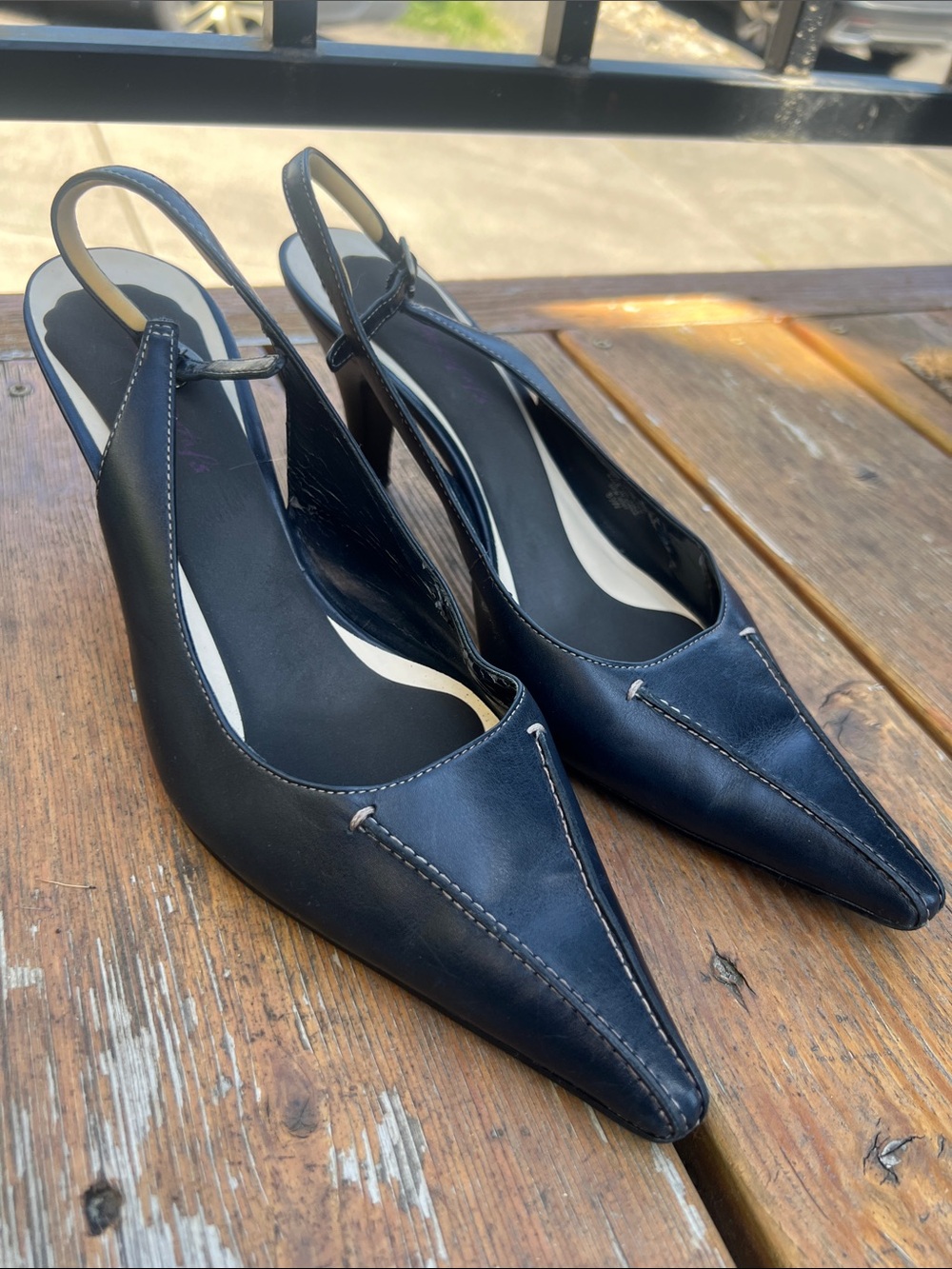 Black Leather Pointed Slingback Heels